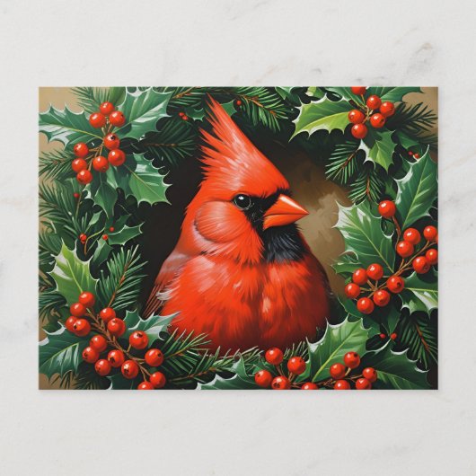Carte Postale Cardinal rouge de Noël et Wreath Holly Berry (Devant)