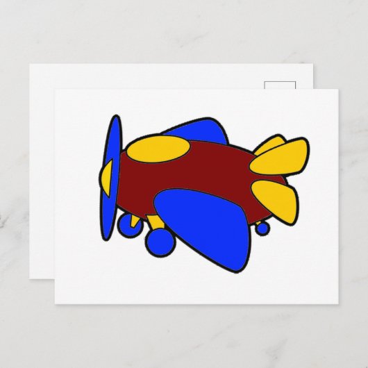 Carte Postale Caricature d'avion bleu jaune rouge pour enfants (Devant / Derrière)