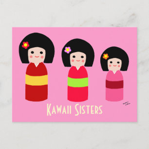 Carte Postale Caricature des soeurs de poupées Kokeshi
