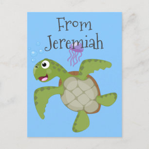Carte Postale Caricature joyeuse de tortue de mer verte mignonne