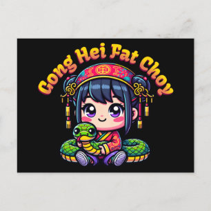 Carte Postale Caricature serpent et fille du Nouvel An chinois