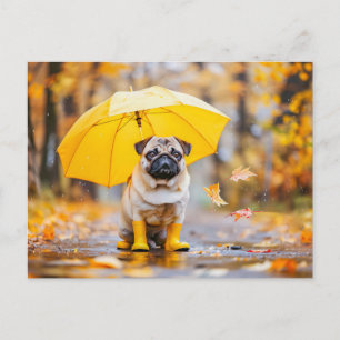 Carte Postale Carlin avec un parapluie et des bottes sous la plu