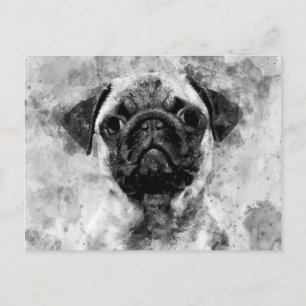 Carte Postale Carlin Chien Aquarelle noir et blanc 01