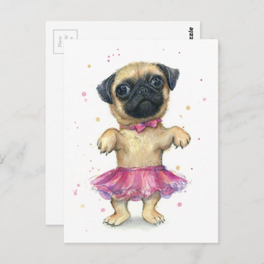 Carte Postale Carlin dans une peinture Tutu mignonne de chiot (Devant / Derrière)