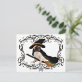 Carte Postale carlin de sorcière à balai volant halloween heureu (Debout devant)