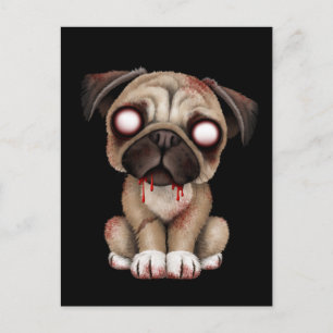 Carte Postale Carlin Zombie mignon Chien coquelicot sur Noir