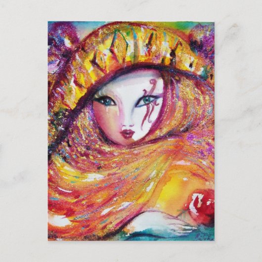 CARTE POSTALE CARNAVAL EN JAUNE AVEC ROSE ROUGE (Devant)