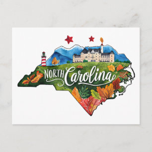 Carte Postale Caroline du Nord États-Unis État Forme Aquarelle V
