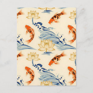 Carte Postale Carpe Koï et motif sans couture de lotus
