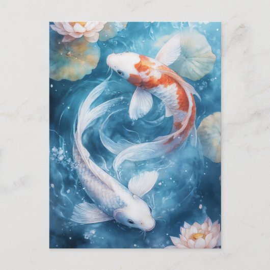 Carte Postale Carpes koï blanches et orange tourbillonnant dans  (Devant)