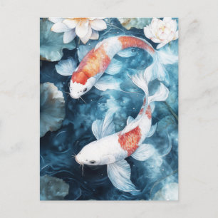 Carte Postale Carpes koï blanches et orange tourbillonnant dans