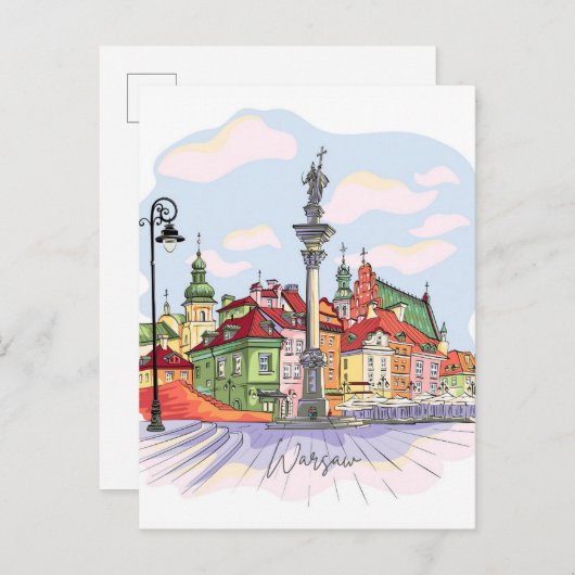 Carte Postale Carré de château à Varsovie Pologne Illustration V (Devant / Derrière)