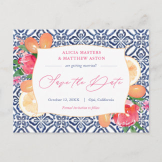 Carte Postale Carreaux Bleus Blancs Citrus Rose Mariage Enregist