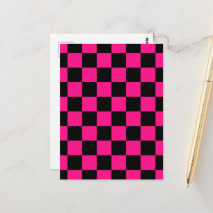 Carte Postale Carrés à carreaux rose vif noir géométrique rétro