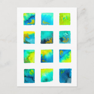 Carte Postale carrés bleus et verts à l'aquarelle