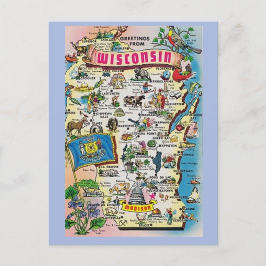 Carte postale Carte de l'État du Wisconsin (Devant)