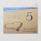 Carte Postale Cartes, nom et date de la table Heart in Sand (Dos)