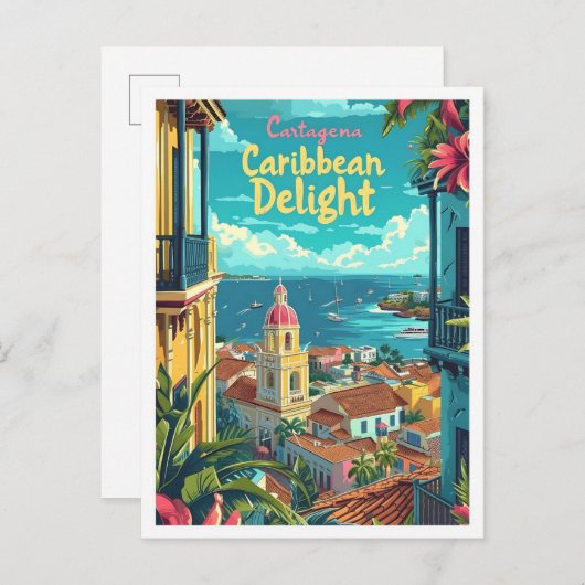 Carte Postale Carthagène Colombie Illustration de voyage d'art V (Devant / Derrière)