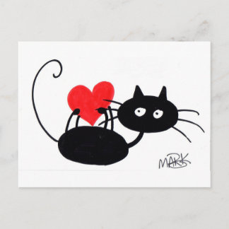 Carte Postale Carton Chat noir et coeur rouge