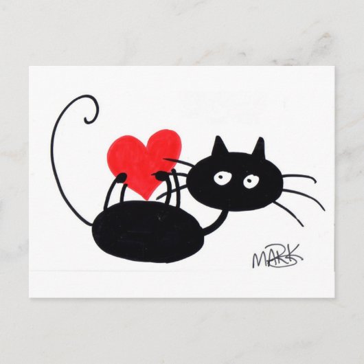 Carte Postale Carton Chat noir et coeur rouge (Devant)