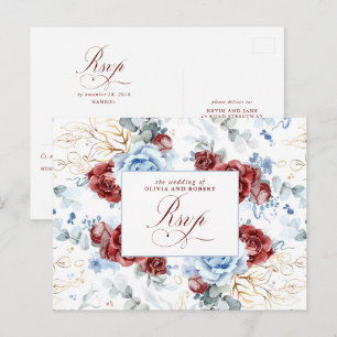 Carte Postale Carton de réponse de mariage bleu poussiéreux et r