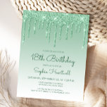 Carte Postale Carton d'invitation à la fête d'anniversaire 18 an<br><div class="desc">Cette invitation d'anniversaire 18 ans tendance présente une bordure scintillante de fausse goutte de paillettes vertes et un fond ombré. Les mots "18e anniversaire" et le nom de l'invité d'honneur apparaissent dans un script d'écriture manuscrite vert décontracté,  le reste du texte personnalisable étant en police sans empattement verte.</div>