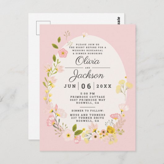 Carte Postale Carton d'invitation au dîner de répétition fleuri (Devant / Derrière)