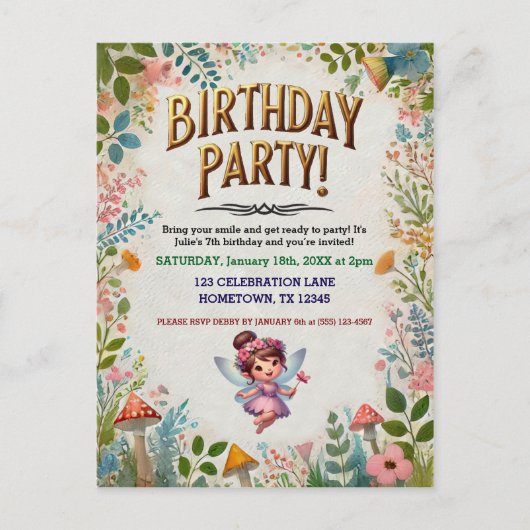 Carte Postale Carton d'invitation d'anniversaire floral de fée e (Devant)