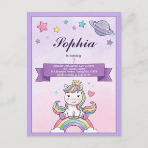 Carte Postale Carton d'invitation d'anniversaire Licorne Arc-en-