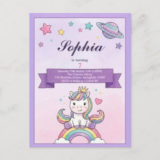 Carte Postale Carton d'invitation d'anniversaire Licorne Arc-en-