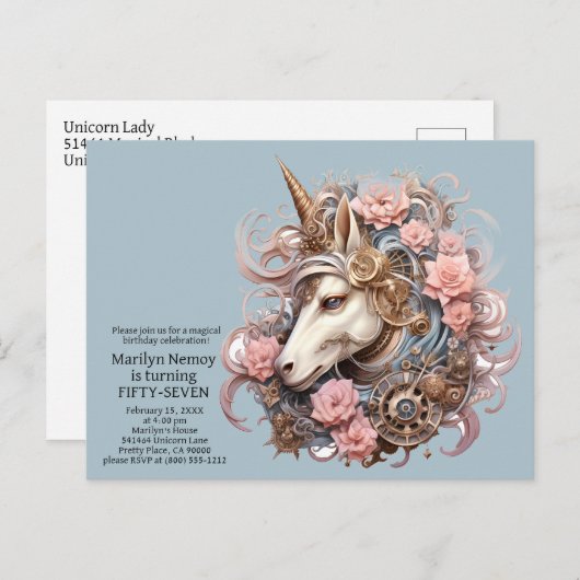 Carte Postale Carton d'invitation d'anniversaire Licorne Invitat (Devant / Derrière)