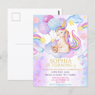 Carte Postale Carton d'invitation d'anniversaire Licorne Magique