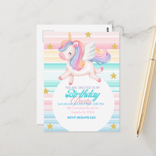 Carte Postale Carton d'invitation d'anniversaire Licorne pour en (Devant/Arrière en situation)