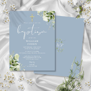 Carte Postale Carton d'invitation de baptême floral verdure bleu