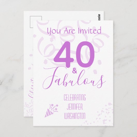 Carte Postale Carton d'invitation fête Confettis rose vif pour 4 (Devant / Derrière)