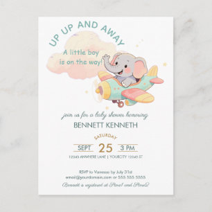 Carte Postale Carton d'invitation Garçon Éléphant Aéroplane Aqua