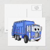 Carte Postale Cartoon bleu, caricature de camion à ordures (Devant / Derrière)