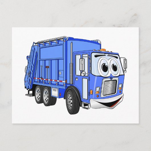 Carte Postale Cartoon bleu, caricature de camion à ordures (Devant)