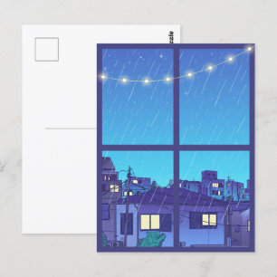Carte Postale Cartoon bleu pluvieux Illustrative Night Lights