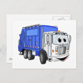 Carte Postale Cartoon bleu souriant Camion à ordures (Devant / Derrière)