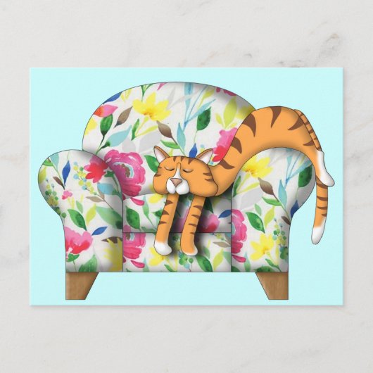 Carte Postale Cartoon Kitty dort sur une chaise à fleurs (Devant)