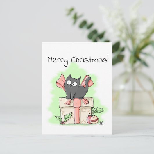 Carte Postale Cartoon mignon Gris Kitten Joyeux Noël (Debout devant)