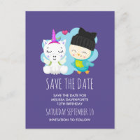 Cartoon mignon Unicorn & Bird Enregistrer la date