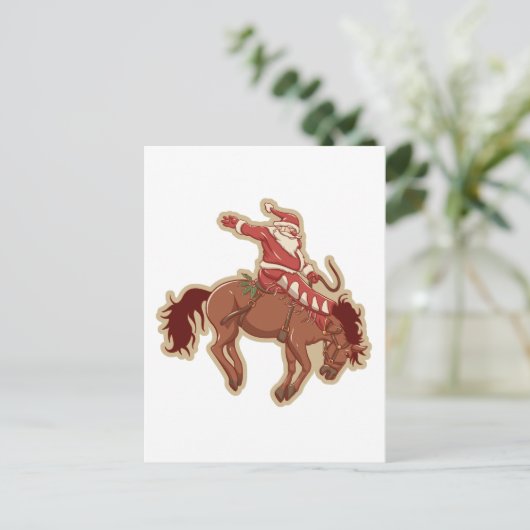 Carte Postale Cartoon rouge santa claus ryding on horse (Debout devant)