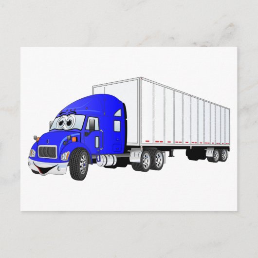 Carte Postale Cartoon semi-camion bleu blanc remorque (Devant)