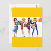 CARTE POSTALE CARTOON SHOPPPING FILLES VECTEURS STYLE MODE S'AMU (Devant / Derrière)