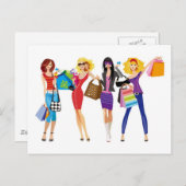 CARTE POSTALE CARTOON SHOPPPING FILLES VECTEURS STYLE MODE S'AMU (Devant / Derrière)