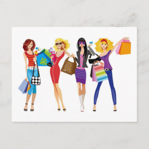 CARTE POSTALE CARTOON SHOPPPING FILLES VECTEURS STYLE MODE S'AMU