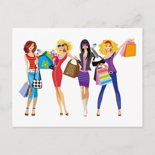 CARTE POSTALE CARTOON SHOPPPING FILLES VECTEURS STYLE MODE S'AMU (Devant)