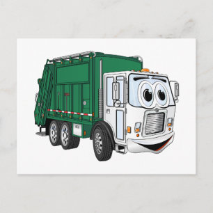 Carte Postale Cartoon vert blanc souriant de camion-poubelle